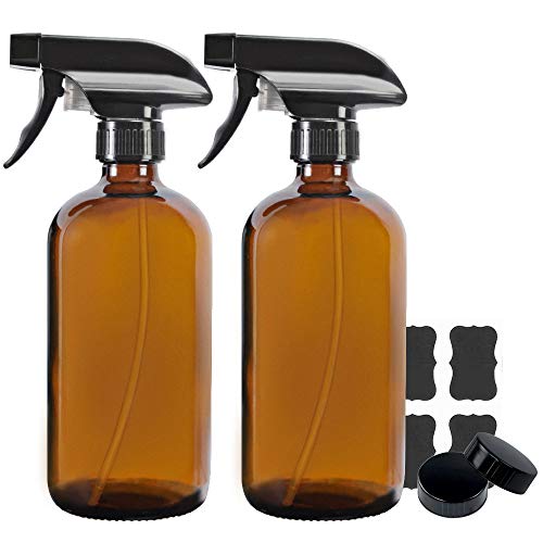 2 Pack 16 oz Amber Boston Glass Spray Bottles,Refillable Trigger Sprayers with Mist & Stream for Essential Oils, Bath, Beauty, Hair & Cleaning Products.Include 2 Durable Caps and 4 Chalk Labels.