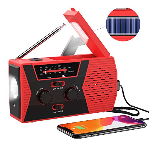 2020 Upgraded Version Emergency Solar Hand Crank Radio, Portable AM/FM NOAA Weather Radio for Outdoor Household Emergency Device, LED Flashlight, Reading Lamp, 2000mAh Power Bank USB Charger SOS Alarm
