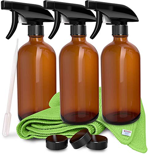 3 Pack - Refillable Empty Amber Glass Spray Bottles [Free Microfiber Cloth] for Cleaning Solutions, Hair, Essential Oils, Plants - Trigger Sprayer with Mist and Single Mode (16 OZ)