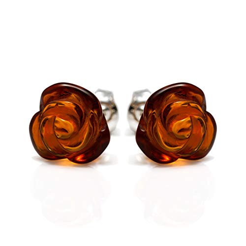 925 Sterling Silver Stud Earrings Rose with Cognac Genuine Natural Baltic Amber
