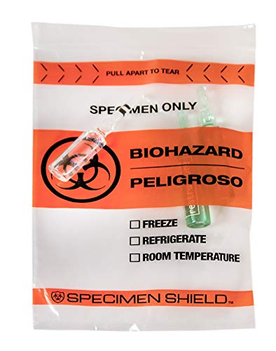APQ Pack of 100 Biohazard Specimen Bags, Orange and Black 8 x 10. Zip Locking Tear Pouch Bags 8x10. Thickness 2 mil. Seal Top Specimen Lab Transport Bags for Shipping, Packaging Medical Specimens.