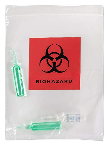 APQ Pack of 100 Biohazard Specimen Bags, Red and Black 6 x 9. Zipper Lockig Clear Bags 6x9. Thickness 2 mil. Printed Transport Bags 3 Wall for Packaging Medical Specimens. Attached Document Pouch.
