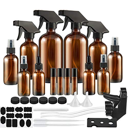 Glass Spray Bottle, SXUDA Amber Glass Spray Bottles Set Roller Bottles for Essential Oils, Cleaning Products or Aromatherapy (16OZ, 8OZ, 4OZ, 2OZ, 2OZ Dropper Bottle) x 2, 10 ml Roller Bottle x 4