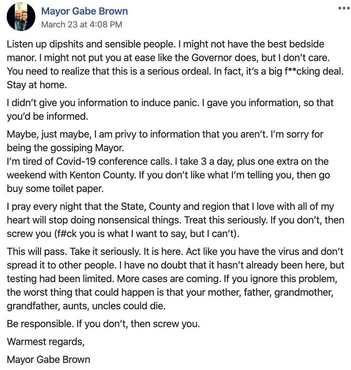 ‘Listen Up, Dips**ts’: Kentucky Mayor Rips People Ignoring Coronavirus Warnings 1