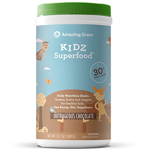 Amazing Grass Kidz Superfood: Organic Vegan Superfood Nutrition Shake for Kids, Greens, Fruits, Veggies with Pre and Pro Biotics, Outrageous Chocolate, 60 Servings