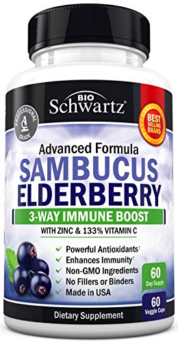 Sambucus Elderberry Capsules with Zinc & Vitamin C - Women & Men's Daily Herbal Supplement for Immune Support, Skin Health - Powerful Antioxidant - Natural Elderberries - Veggie Caps - 60 Capsules