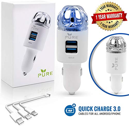 Car Air Purifier 3in1 Premium Stainless Steel Air Filter Ionizer w/Dual USB Quick Charge 3.0 USB-Eliminate Allergens Odor Smell, Smoke, Pets, Pollen Mold Bacteria w/Anti-Microbial Deodorizer (White)