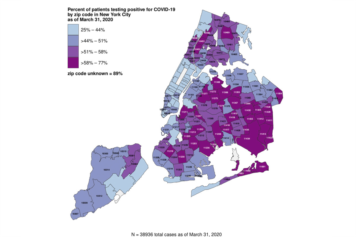 NYC map shows percent of patients testing positive for coronavirus by ZIP code 1
