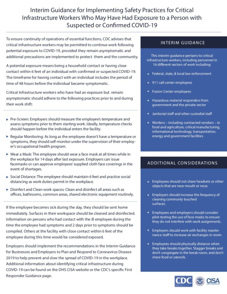 CDC: Critical Workforce Exposed to Coronavirus May Return to Work 1