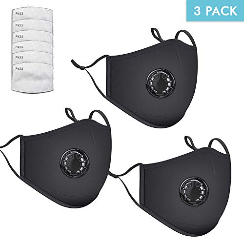 HMIAO 3 Pack PM2.5 Dust Mask, Reusable Breathing Valve Respirator Mouth Masks, with 6 Pcs PM2.5 Activated Carbon Filter Protection from Dust, Pollen, Pet Dander