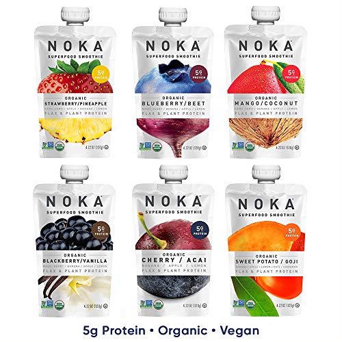 NOKA Superfood Pouches (6 Flavor Variety) 6 Pack | 100% Organic Fruit And Veggie Smoothie Squeeze Packs | Non GMO, Gluten Free, Vegan, 5g Plant Protein | 4.2oz Each