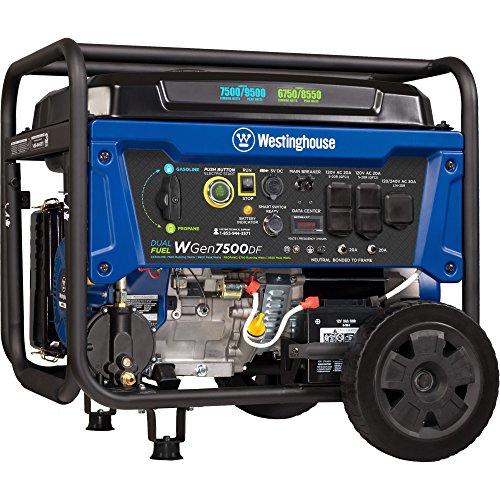 Westinghouse WGen7500DF Dual Fuel Portable Generator 7500 Rated & 9500 Peak Watts, Gas or Propane Powered, Electric Start, Transfer Switch Ready, CARB Compliant