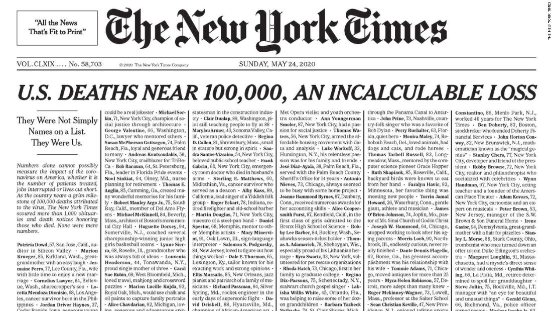 New York Times publishes names of lives lost to
coronavirus 1
