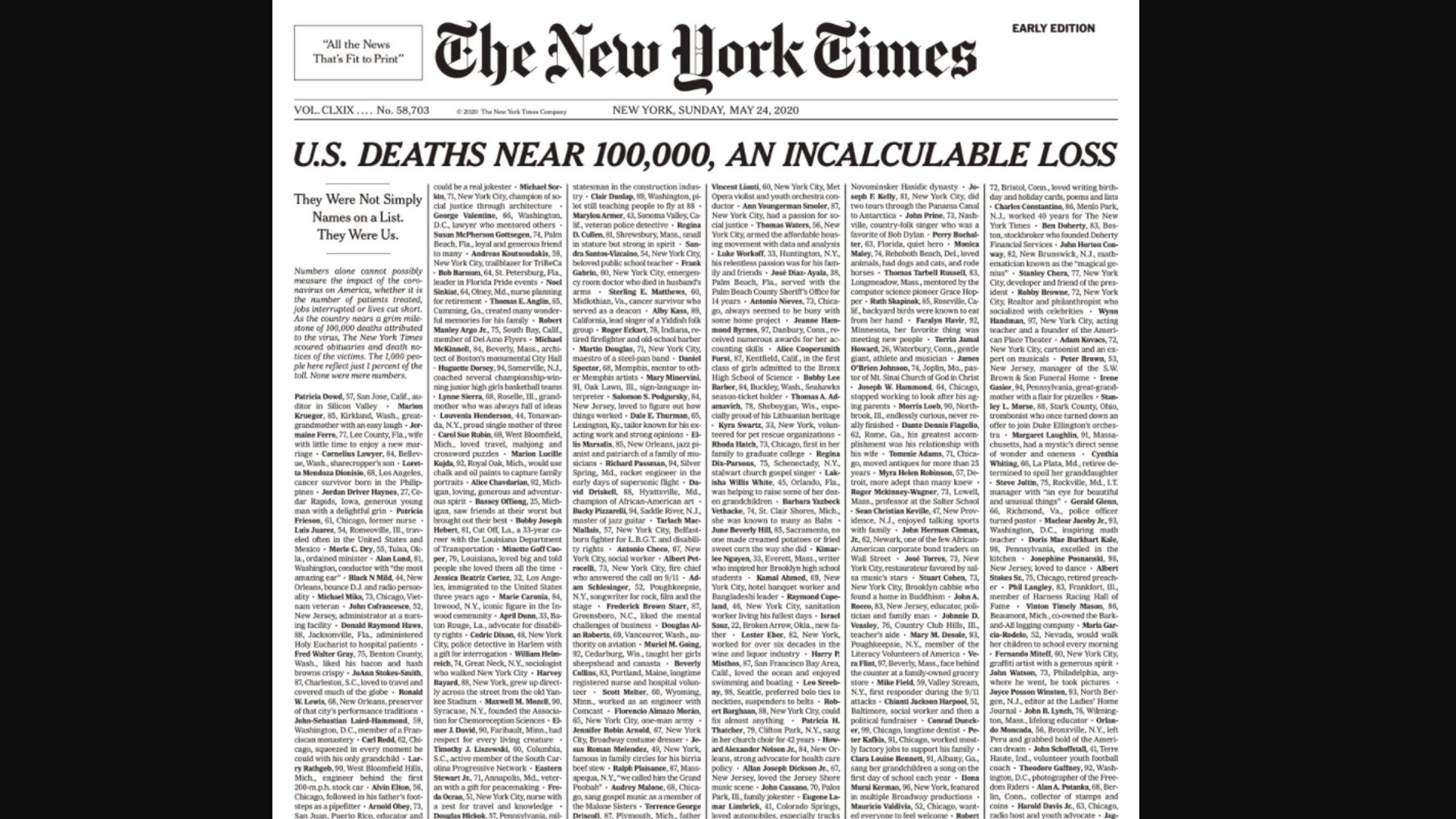The New York Times Fills Entire Cover With Names Of
Coronavirus Victims In The U.S. 1