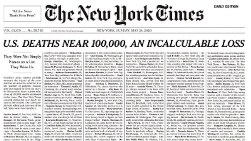 The New York Times is honoring coronavirus victims by
listing their names on the front page 1