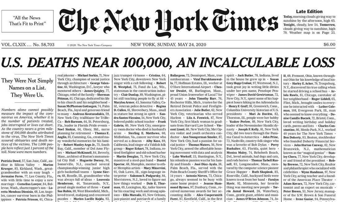 New York Times Fills Front Page With 1,000 Names of
Coronavirus Dead 1