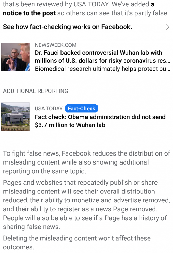Facebook Calls Report on Dr. Fauci Funding Wuhan Coronavirus
Experiments ‘Partly False’ Based on Unrelated Information 1