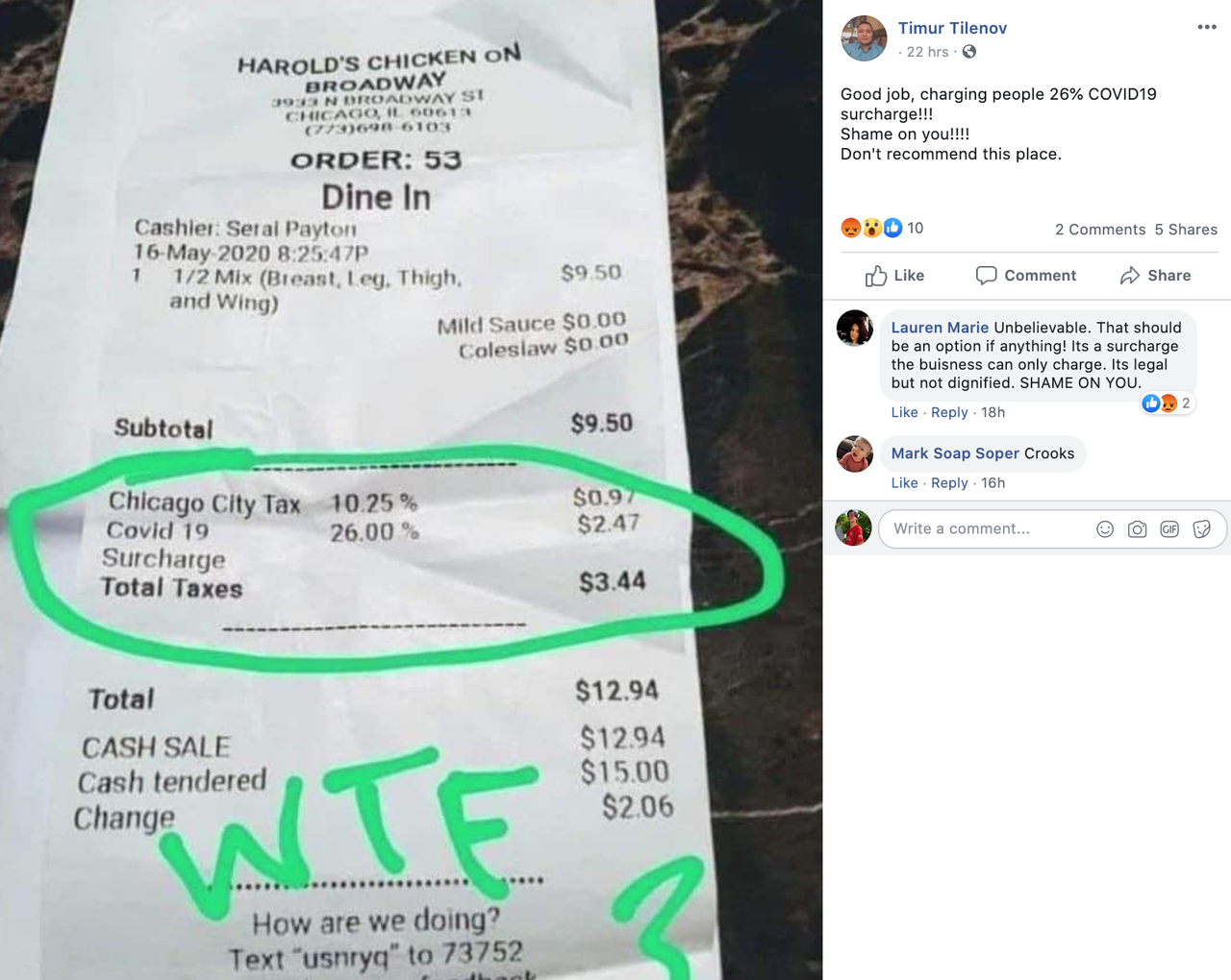 Chicago Chicken Shop Charges 26% "COVID-19
Fee", Claiming Rapid Food Inflation 1