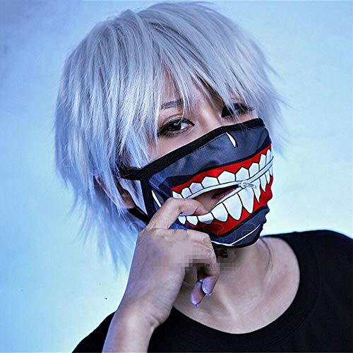 2in1 Set Tokyo Ghoul Mask + Wig, Tokyo Ghoul Kaneki Ken Mask, Outdoor Cycling Windproof Zipper Cosplay Halloween Mask, Full Face Party Costume Props Gray
