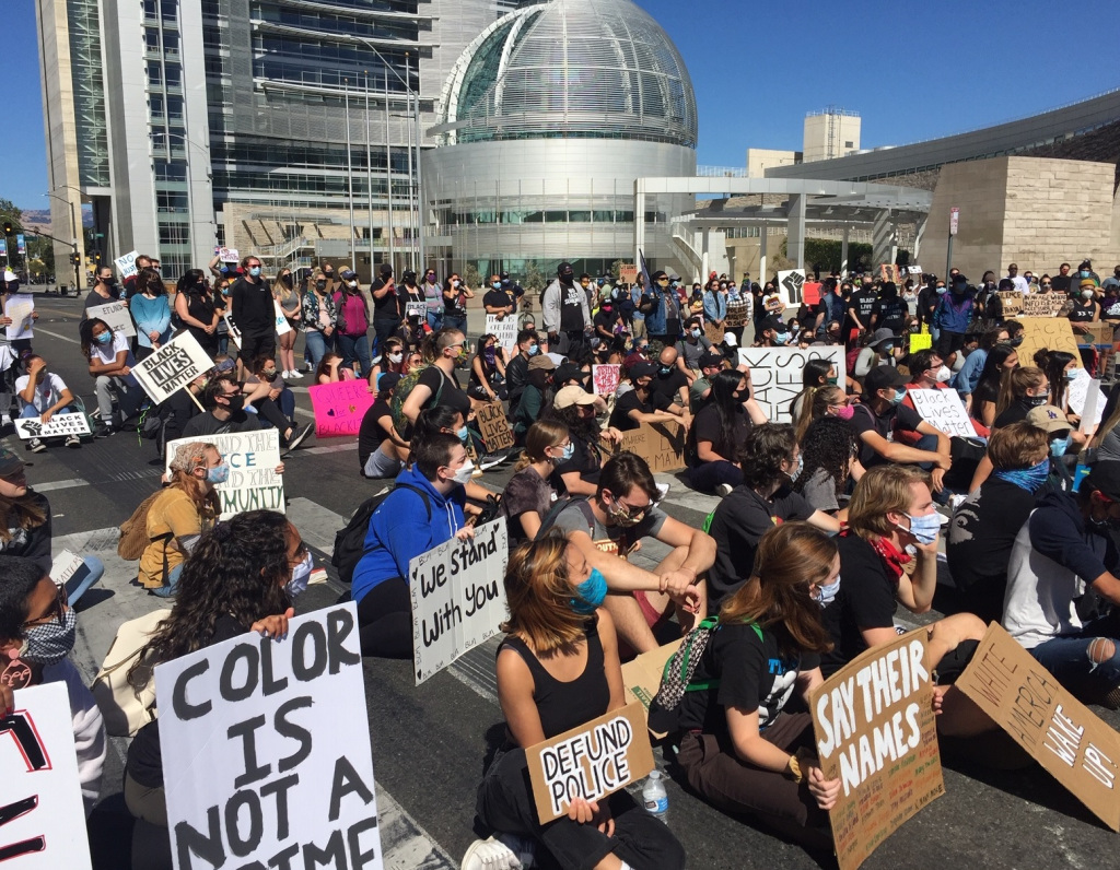 Protesters march in downtown San Jose, block street 1