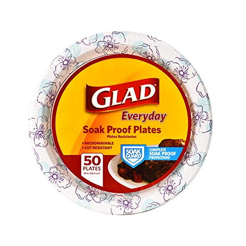 Glad Round Disposable Paper Plates for All Occasions | New & Improved Quality | Soak Proof, Cut Proof, Microwaveable Heavy Duty Disposable Plates | 10" Diameter, 50 Count Bulk Paper Plates
