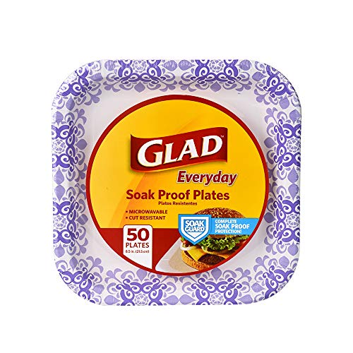 Glad Square Disposable Paper Plates for All Occasions | Soak Proof, Cut Proof, Microwaveable Heavy Duty Disposable Plates |50 Count Bulk Paper Plates | Size : 8.5