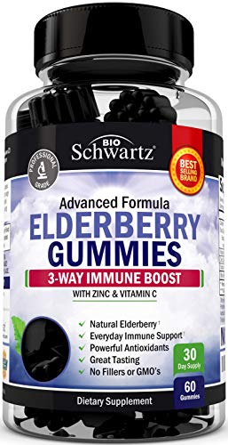 Natural Sambucus Elderberry Gummies - 3-Way Immune Support with 100% Vitamin C & Zinc - Powerful Daily Vegan Herbal Gummy Supplement with Antioxidant Formula - 60 Gummies