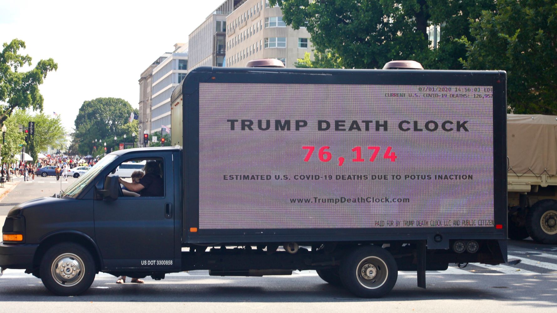 Truck Showing Trump Coronavirus ‘Death Clock’ Circles White
House On July 4th 1