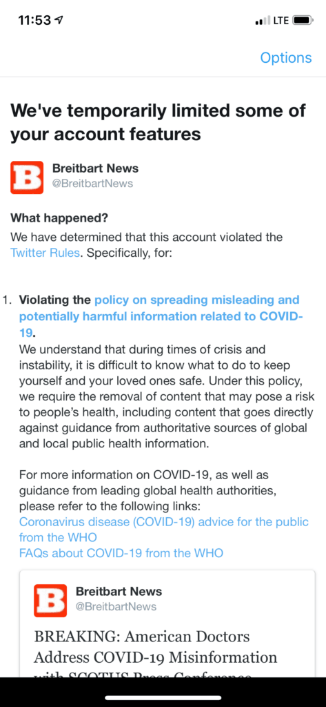 Twitter Censors Videos of Doctors' Capitol Hill Coronavirus
Press Conference, Locks Breitbart Account 1