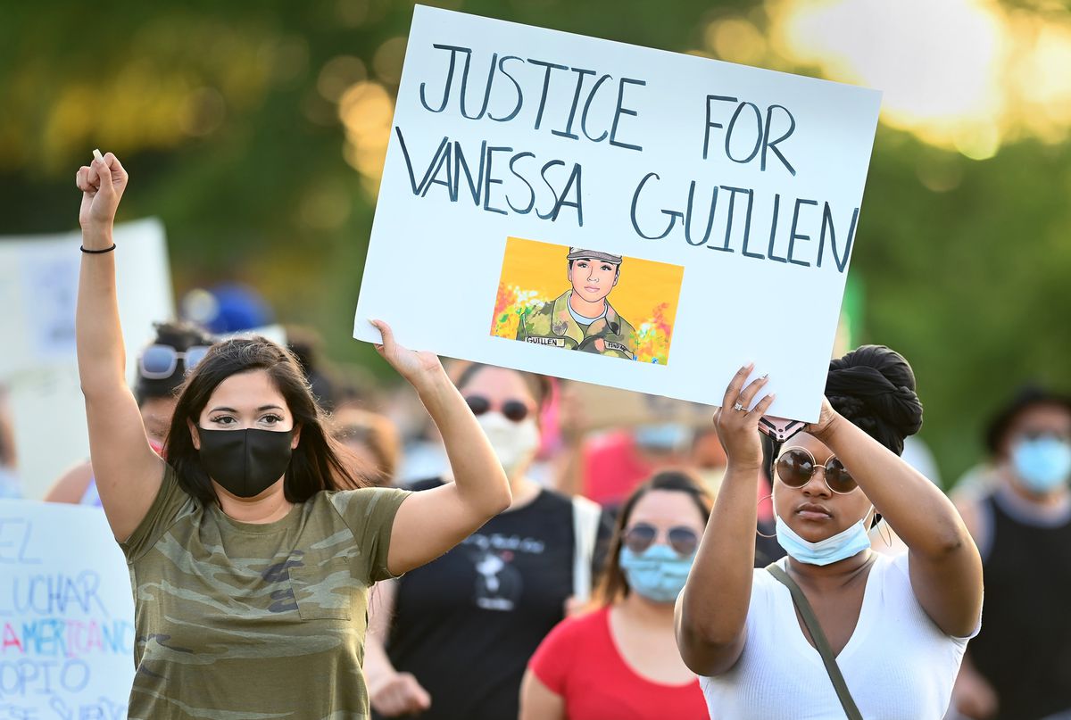 Waukegan protesters call on Congress to protect women in the
military following death of Vanessa Guillen 1