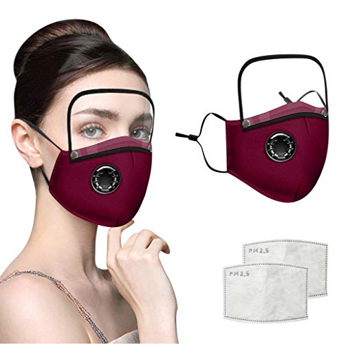 Adults Face Bandanas with Breathing Valve + Activated Carbon Filter Replaceable, Haze Face Mouth Nose Health Washable Reusable Cotton Bandana with Detachable Eye Shield (Red, 3PC)