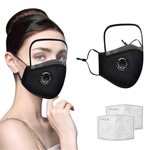 Adults Face Bandanas with Breathing Valve + Activated Carbon Filter Replaceable, Haze Face Mouth Nose Health Washable Reusable Cotton Bandana with Detachable Eye Shield (Black, 3PC)