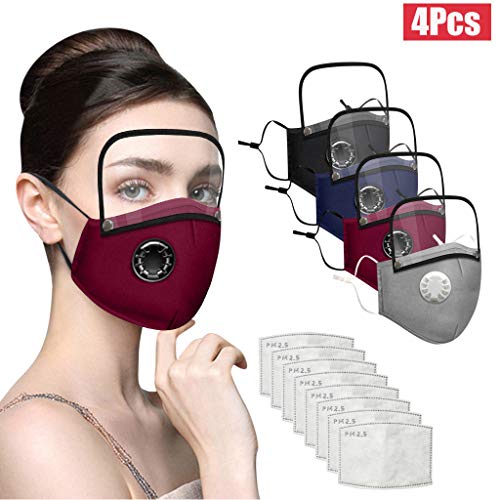 Adults Face Bandanas with Breathing Valve + Activated Carbon Filter Replaceable, Haze Face Mouth Nose Health Washable Reusable Cotton Bandana with Detachable Eye Shield (Multi, 12PC)