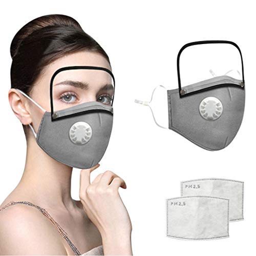 Adults Face Bandanas with Breathing Valve + Activated Carbon Filter Replaceable, Haze Face Mouth Nose Health Washable Reusable Cotton Bandana with Detachable Eye Shield (Gray, 3PC)