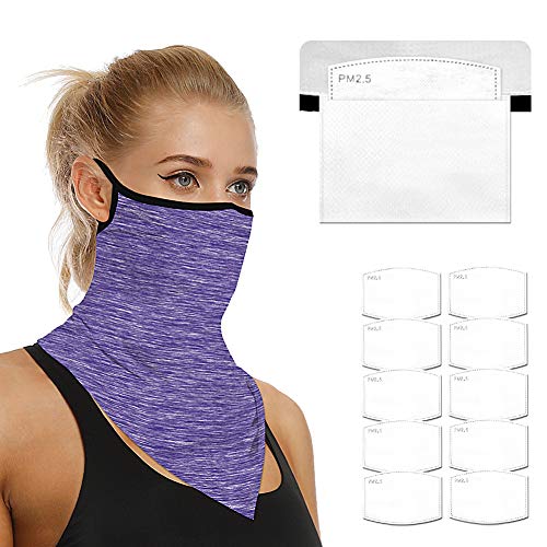 Face Scarf Bandanas Ear Loops for Men Women Balaclava Neck Gaiters Outdoor Dustproof Cover with Safety Carbon Filters (QXMZ-DAMHB01 Purple)