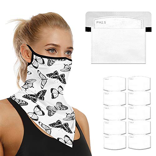 Face Scarf Bandanas Ear Loops for Men Women Balaclava Neck Gaiters Outdoor Dustproof Cover with Safety Carbon Filters (Butterflies)