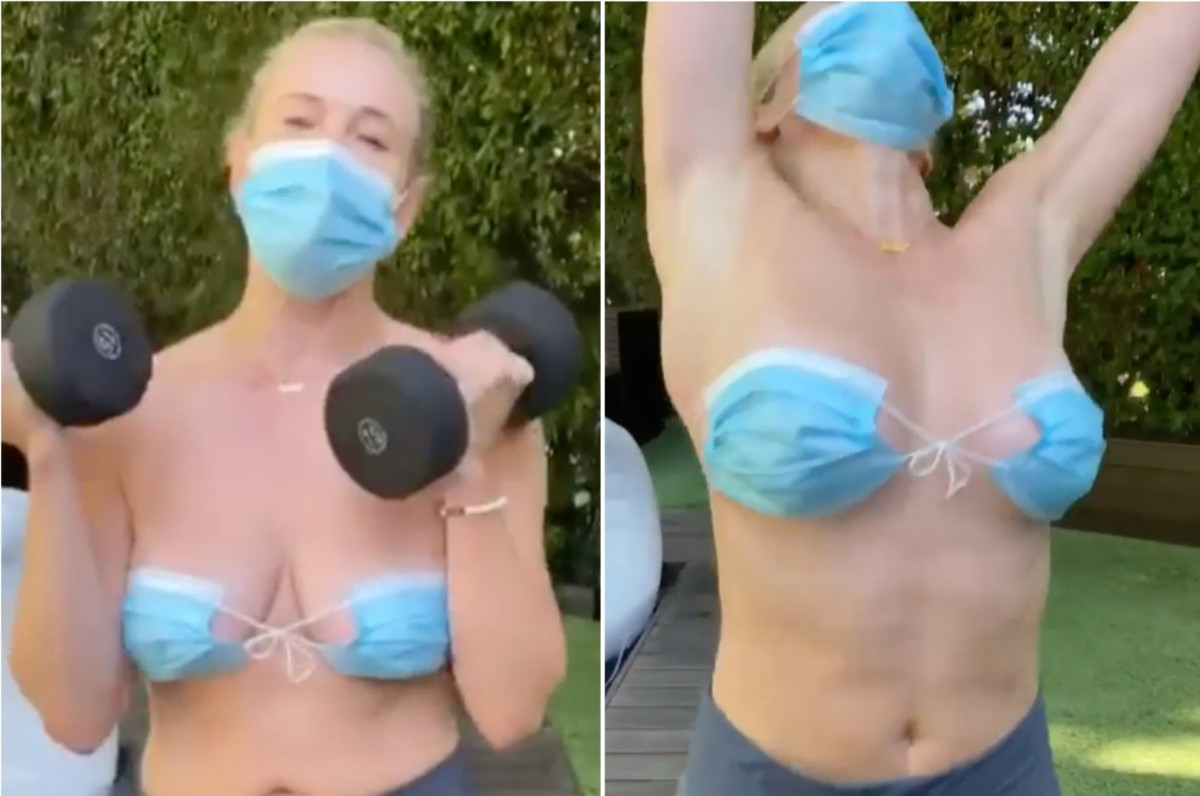 Chelsea Handler wears DIY bra made of face masks for
workout 1