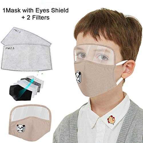 Kids Washable Reusable Dust Proof Cotton Cloth Covering with Goggles and Breathing Valve, Mouth Face Protective Gear (Beige, 1 Pcs + 2 Filters)