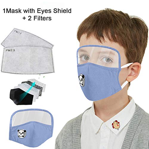 Kids Washable Reusable Dust Proof Cotton Cloth Covering with Goggles and Breathing Valve, Mouth Face Protective Gear (Blue, 1 Pcs + 2 Filters)