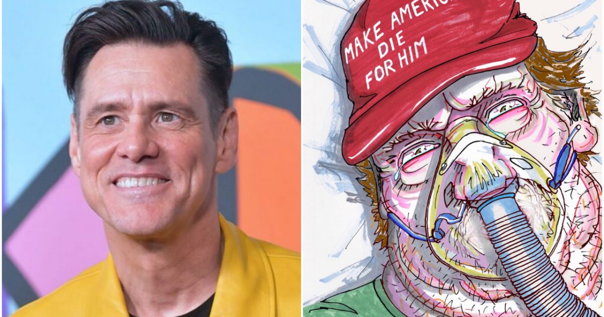 SICK: B-List Actor Jim Carrey Releases New “Art” Depicting
Trump Supporter Dying of Coronavirus 1