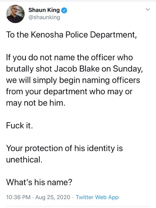 BLM Leader Shaun King Threatens to Begin Doxxing Police
Officers for Kenosha Rioters to Target 1