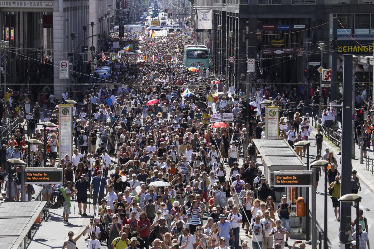 ‘Corona, false alarm’: Thousands take to the streets in
Berlin to protest against COVID-19 restrictions 1 ‘Corona, false alarm’: Thousands take to the streets in
Berlin to protest against COVID-19 restrictions 1