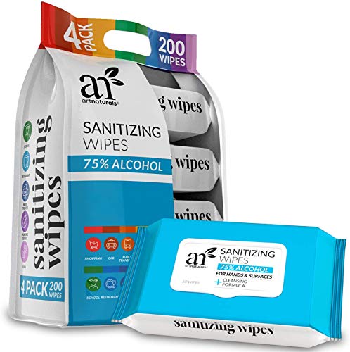 Artnaturals 75% Alcohol-Based Hand Sanitizing Wipes (4 Pack x 50PCS) Portable Hand Sanitizer Wipes Individually Wrapped unscented, Travel Size Disposable Cleaning Wet, Keep Hands Hygienic