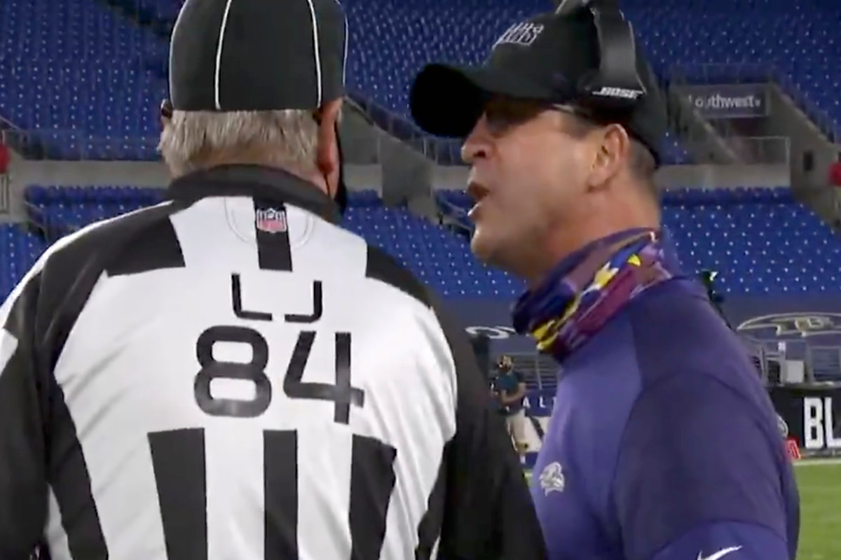 An irate John Harbaugh could be next in NFL’s mask-fining
crosshairs 1