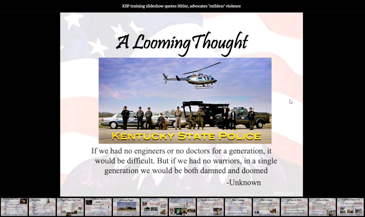 Training manual once used by Kentucky Police quotes Hitler,
urges officers to ‘meet violence with greater violence’ 1 Training manual once used by Kentucky Police quotes Hitler,
urges officers to ‘meet violence with greater violence’ 1