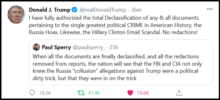 Trump Reauthorizes Declassification Of All 'Russia Hoax'
Documents In Late-Night Tweetstorm 1
