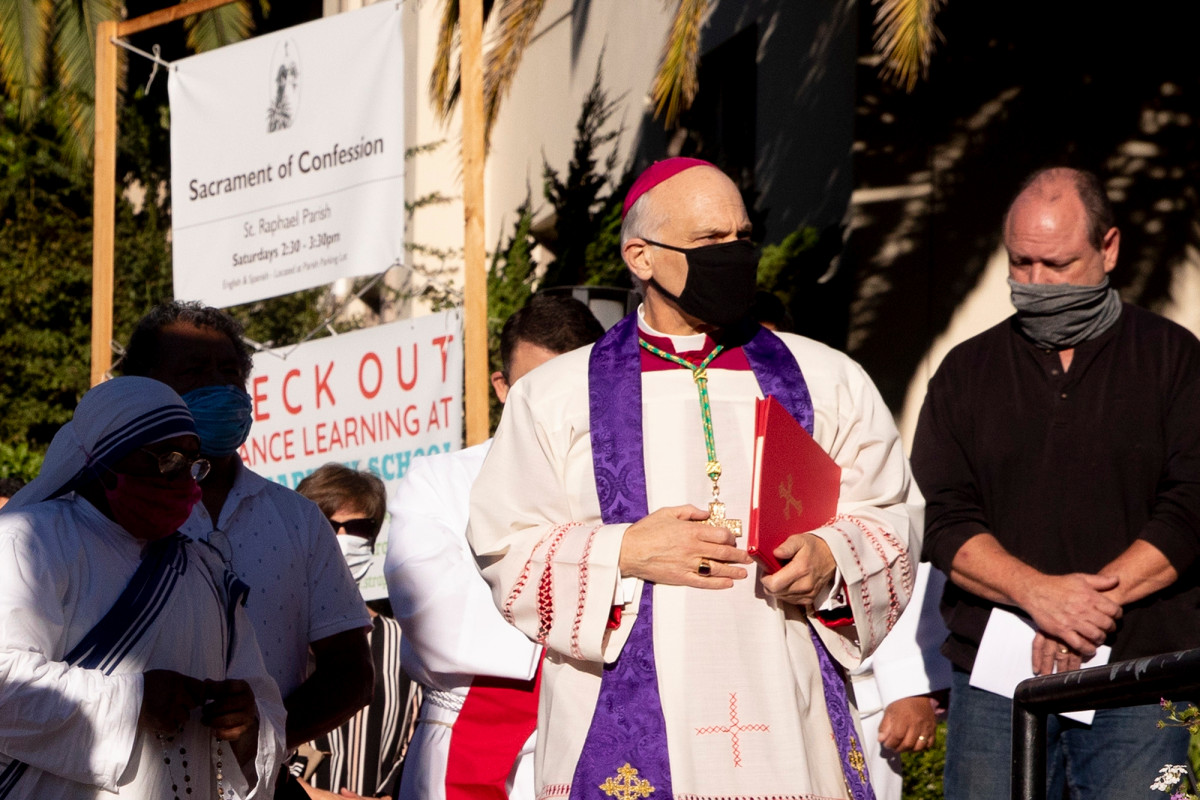 Archbishop of San Francisco performs exorcism where statue
was toppled by protesters 1