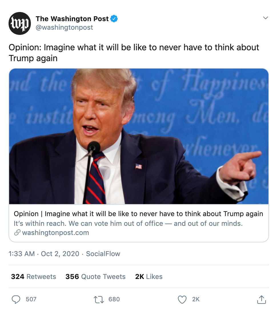 Washington Post Tweets After Trump Coronavirus News:
'Imagine What It Will Be Like to Never Have to Think About Trump
Again'; UPDATE: Deleted 1