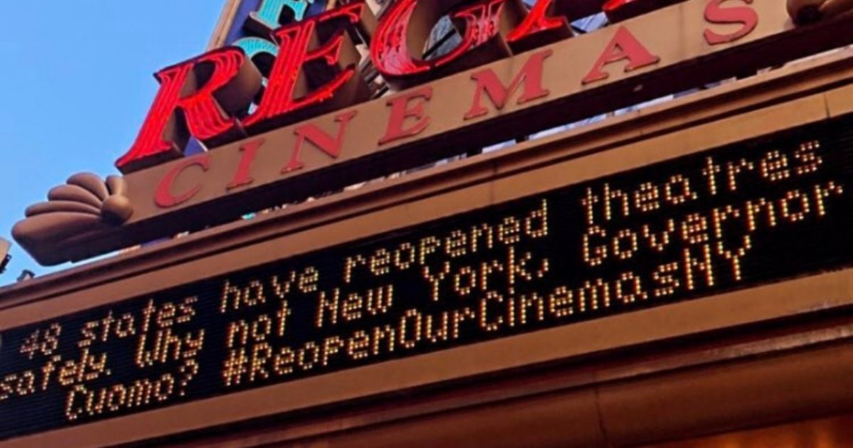 New York movie theaters use marquees to demand Gov. Cuomo
allow them to open 1
