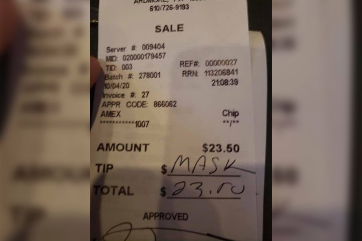 Waitress says she got no tip, rude message after telling
customers to wear mask 1